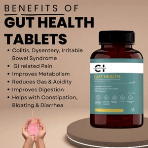 a bottle of gut health supplemet pills on a round platform. 