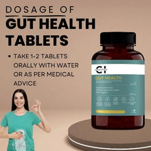 Load image into Gallery viewer, a bottle of gut health supplemet pills on a round platform, a lady taking a pill by touching her gut. 
