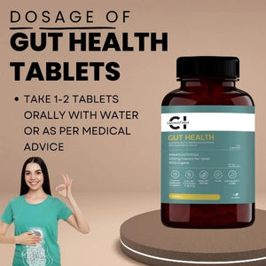 a bottle of gut health supplemet pills on a round platform, a lady taking a pill by touching her gut. 