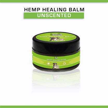 Hemp Healing Balm container with green label on a white background