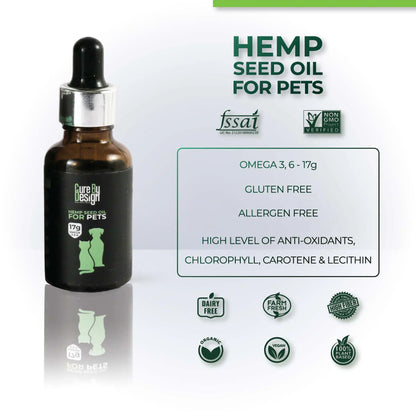 Bottle of hemp seed oil for pets with certification logos on a white background
