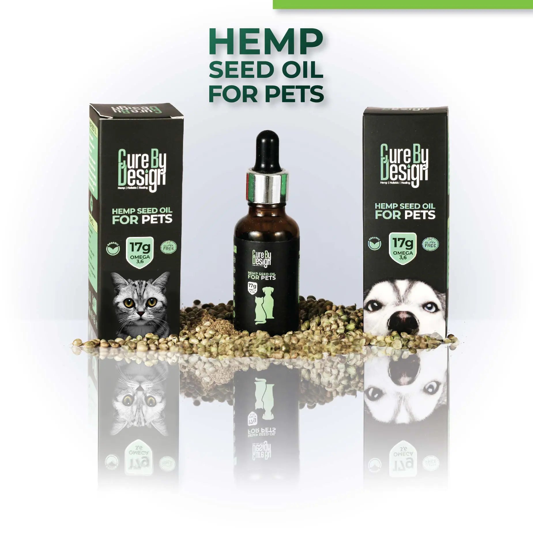 Hemp seed oil for pets with packaging and product on a white background