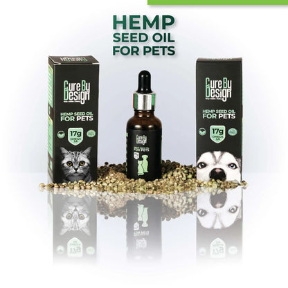Hemp seed oil for pets with packaging and product on a white background