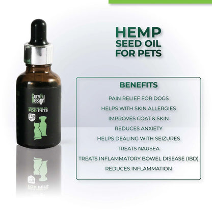 Bottle of hemp seed oil for pets with benefits listed on a white background
