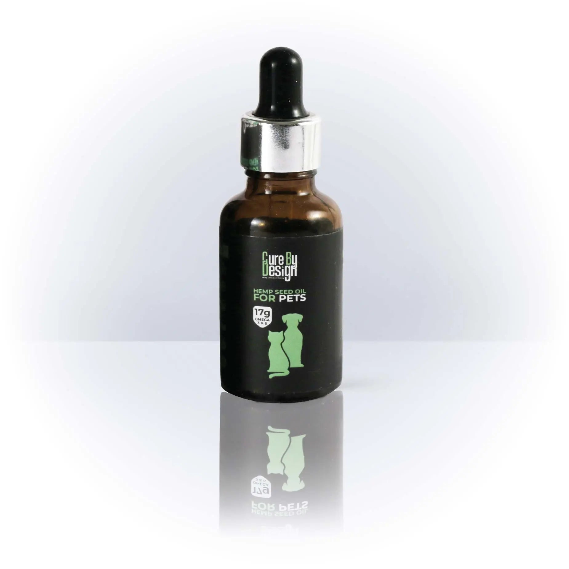 Bottle of pet cbd supplement with dropper on a white background