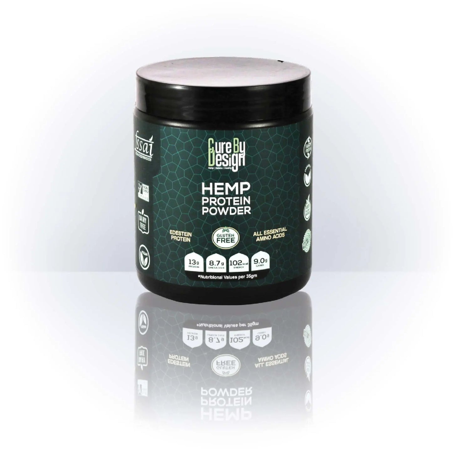 Jar of hemp protein powder with a black lid on a white background