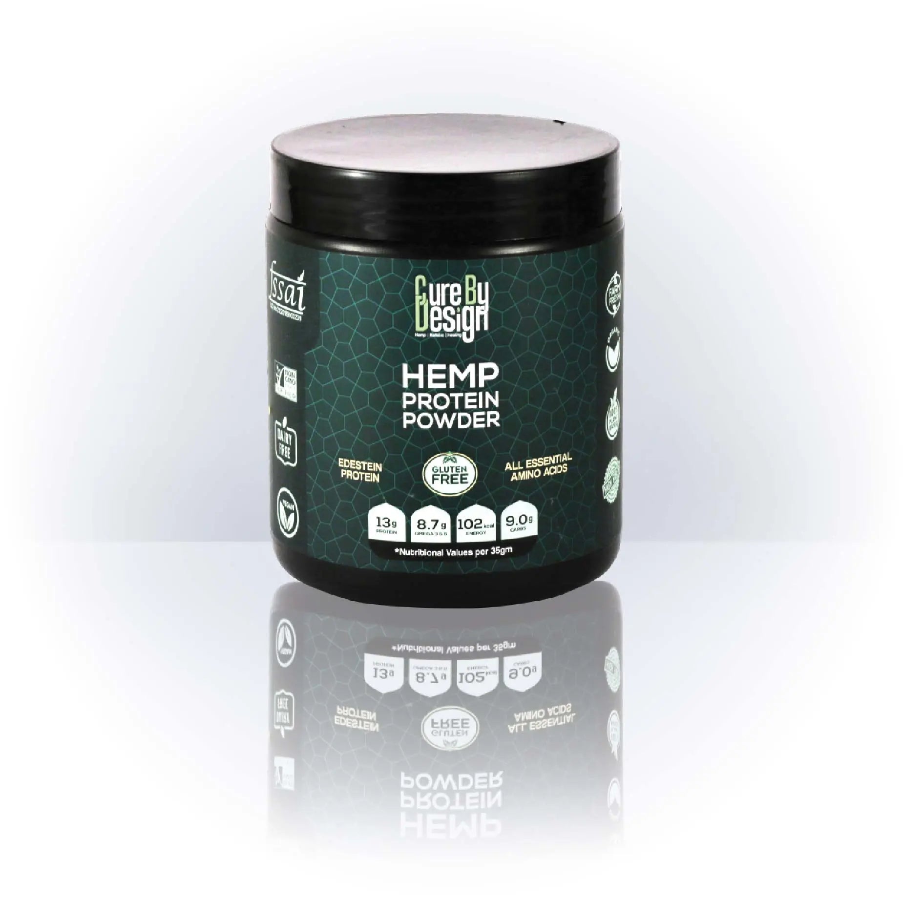 Jar of hemp protein powder with a black lid on a white background