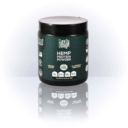 Jar of hemp protein powder with a black lid on a white background