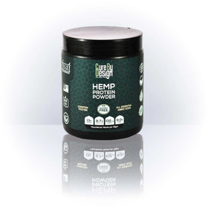 Jar of hemp protein powder with a black lid on a white background