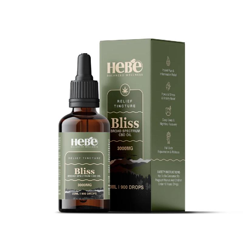 CBD oil bottle and packaging with 'Hebe' branding on a white background