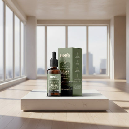 Hebe Bliss CBD Oil  bottle and packaging on a platform in a modern room with large windows.