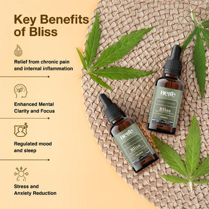 Two bottles of 'Hebe Bliss' CBDOil on a textured surface with cannabis leaves, and key benefits listed on the left.
