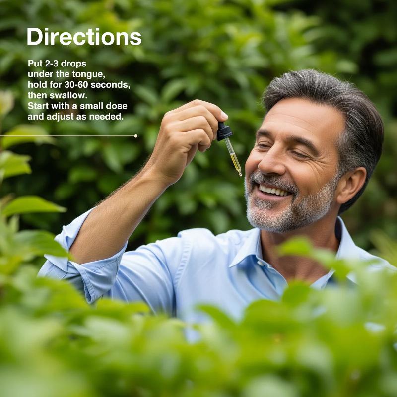 Man holding a dropper with text on directions overlaid