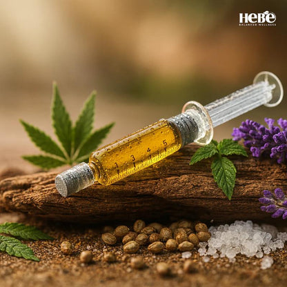 Intravenous syringe with liquid, cannabis leaves, and seeds on a wooden surface with 'Hebe' branding.