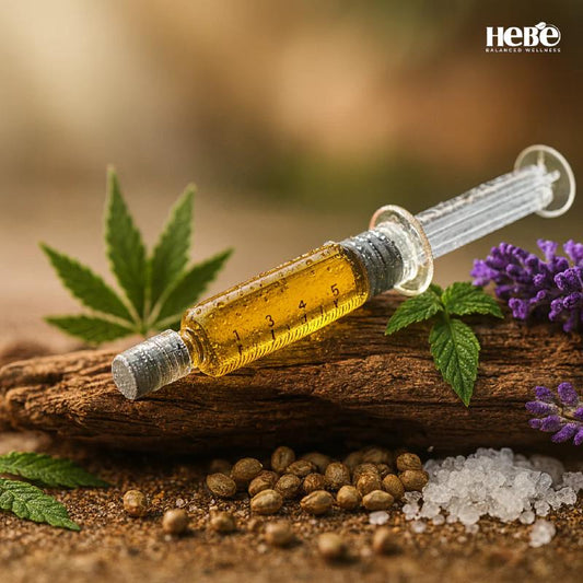 Intravenous syringe with liquid, cannabis leaves, and seeds on a wooden surface with 'Hebe' branding.