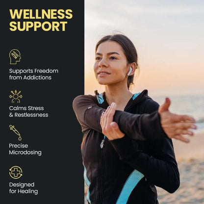 Woman stretching outdoors with wellness support text and icons on the left