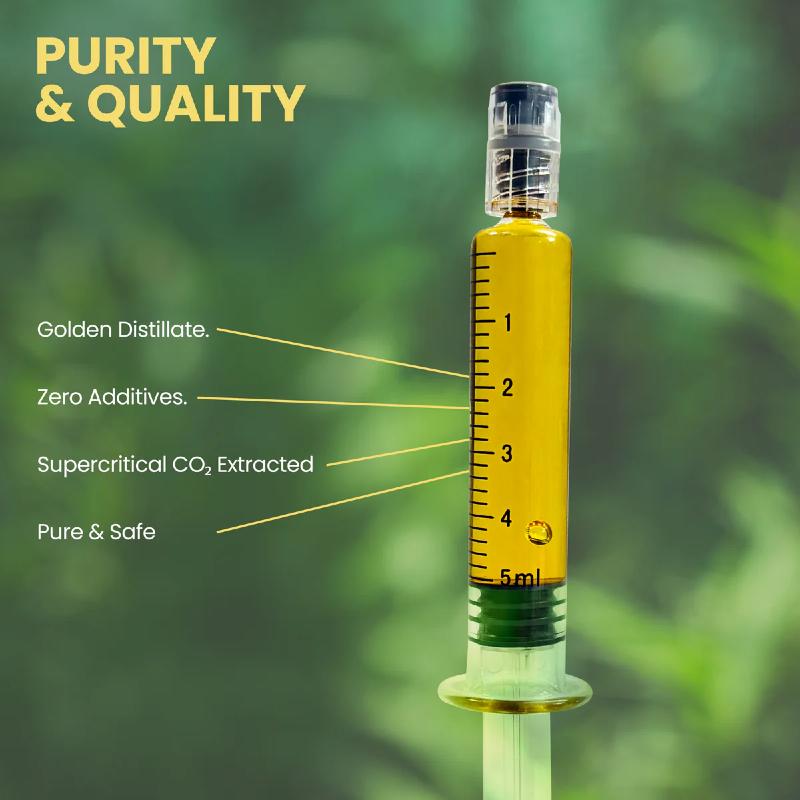 Yellow syringe with measurement scale against a green blurred background, emphasizing purity and quality.