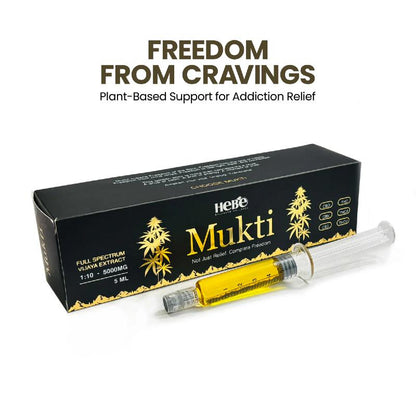 Mukti Hebe product packaging with a syringe on a white background, featuring text about addiction relief.