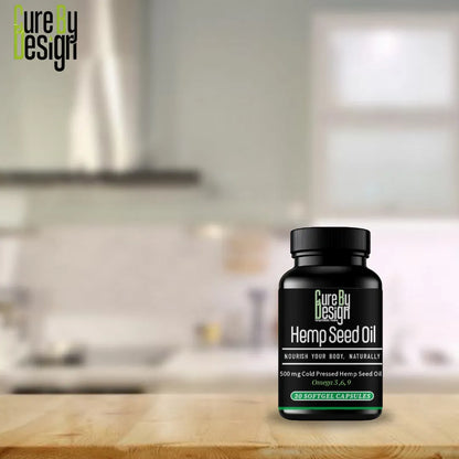 Bottle of Cure By Design Hemp Seed Oil on a kitchen counter