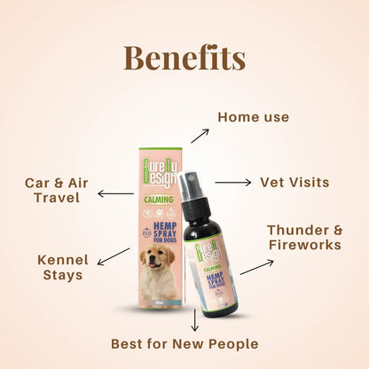 Hemp Spray for Dogs product packaging with labeled benefits on a beige background