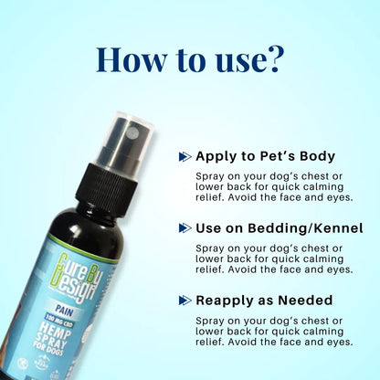 Bottle of 'Cure by Design' hemp spray for dogs with usage instructions on a light blue background.