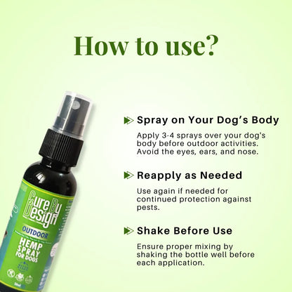 Bottle of Pure Design Hemp Spray for Dogs with usage instructions on a light green background