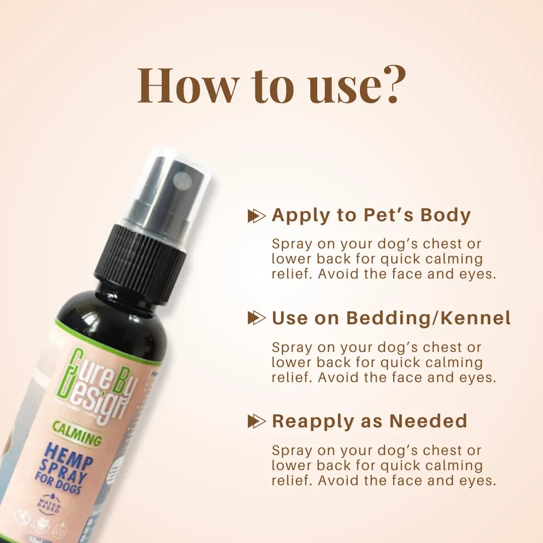 Hemp spray bottle for dogs with usage instructions on a beige background