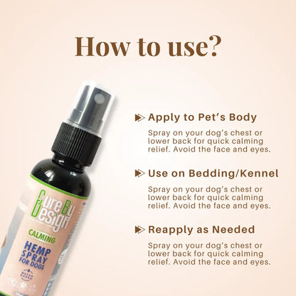 Hemp spray bottle for dogs with usage instructions on a beige background