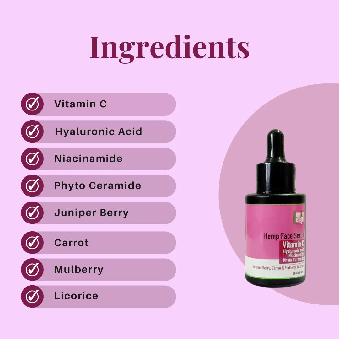 List of ingredients for a hemp face serum with a bottle on a pink background