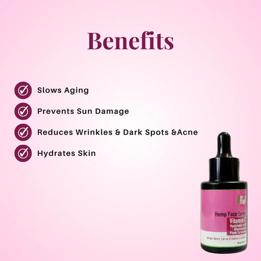 Hemp face serum bottle with benefits listed on a pink background