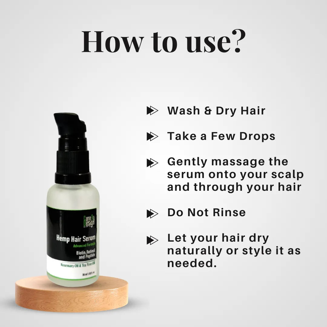 Hemp hair serum bottle with usage instructions on a light gray background