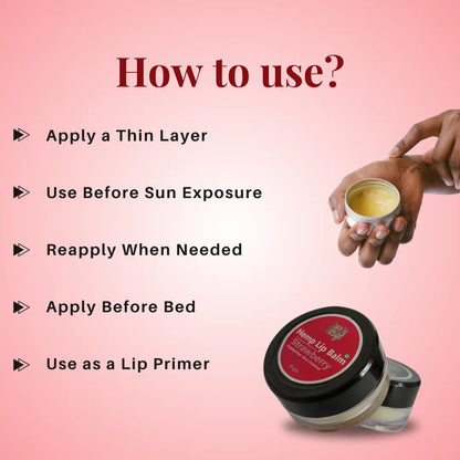 Lip balm product with usage instructions on a pink background