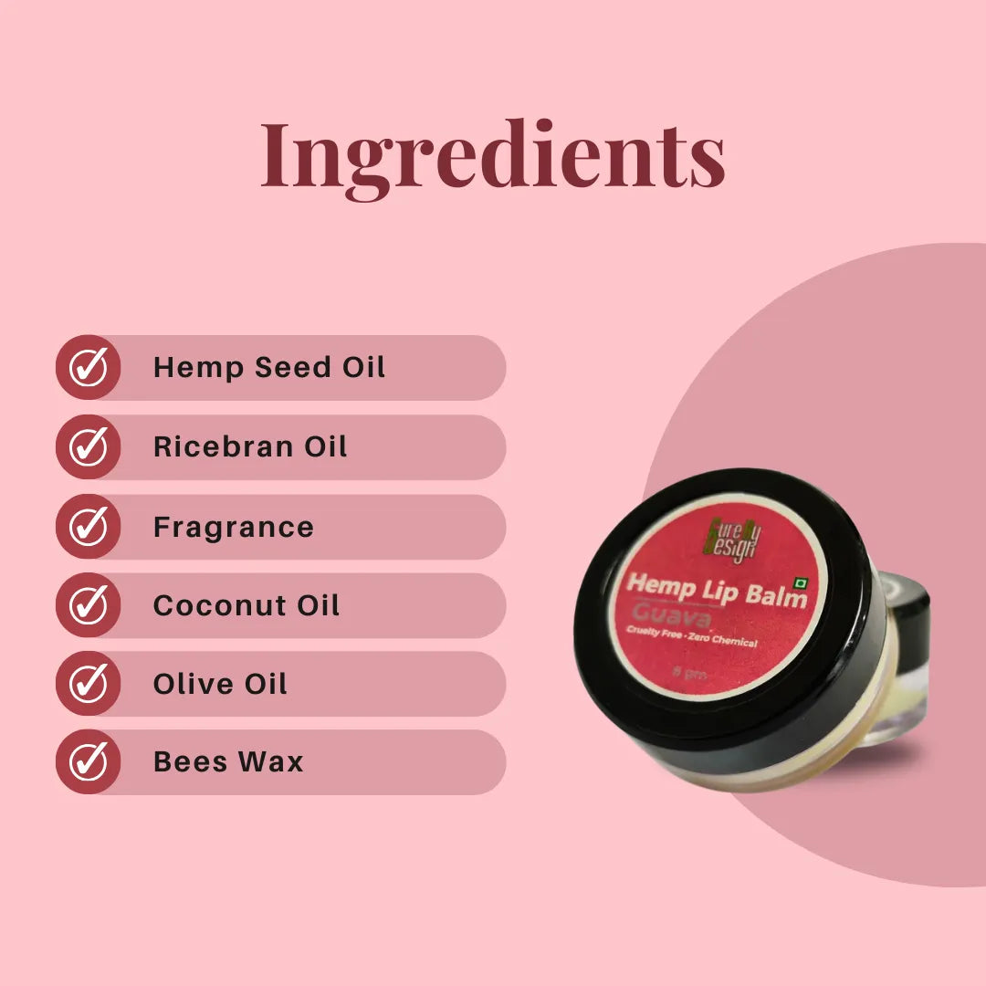 Hemp lip balm with a list of ingredients on a pink background