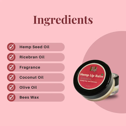 Hemp lip balm with a list of ingredients on a pink background