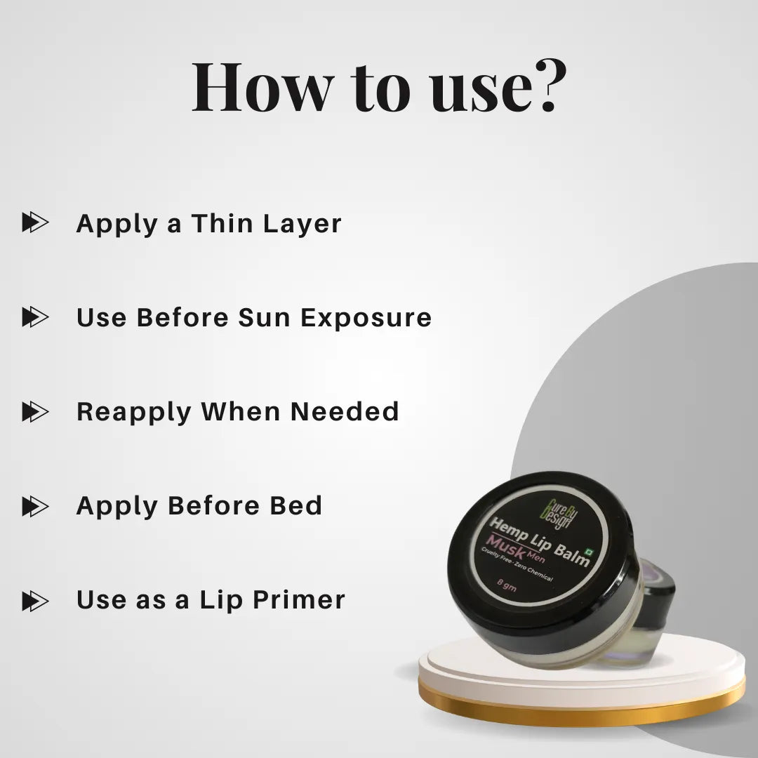 Hemp lip balm with usage instructions on a white background