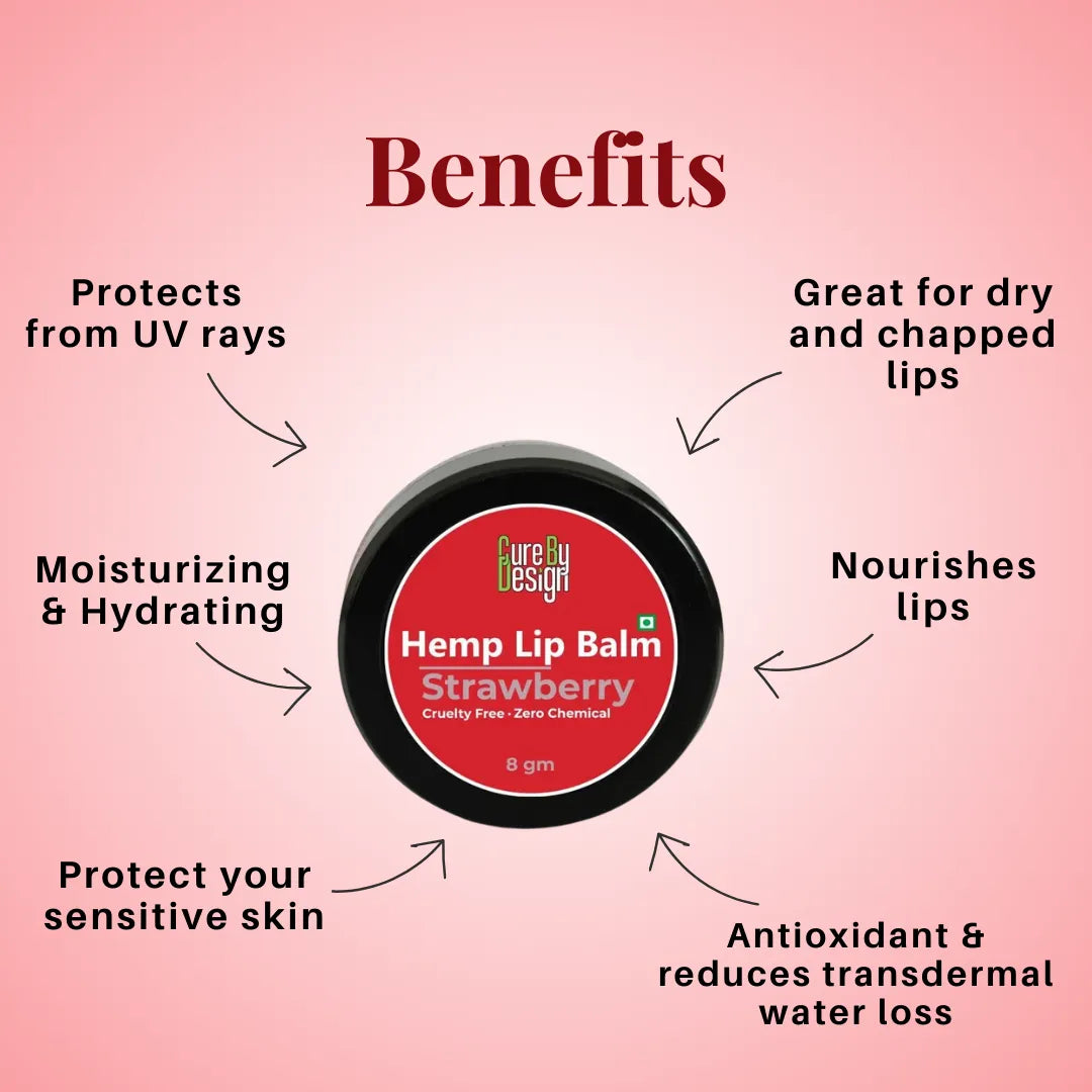 Hemp lip balm container with strawberry flavor on a pink background, listing benefits.