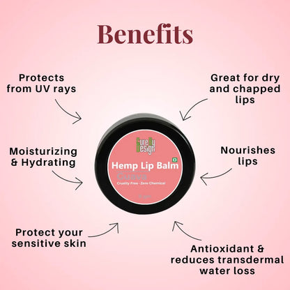 Hemp lip balm with benefits listed on a pink background