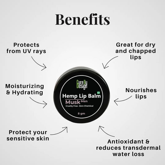 Hemp lip balm container with benefits listed on a white background