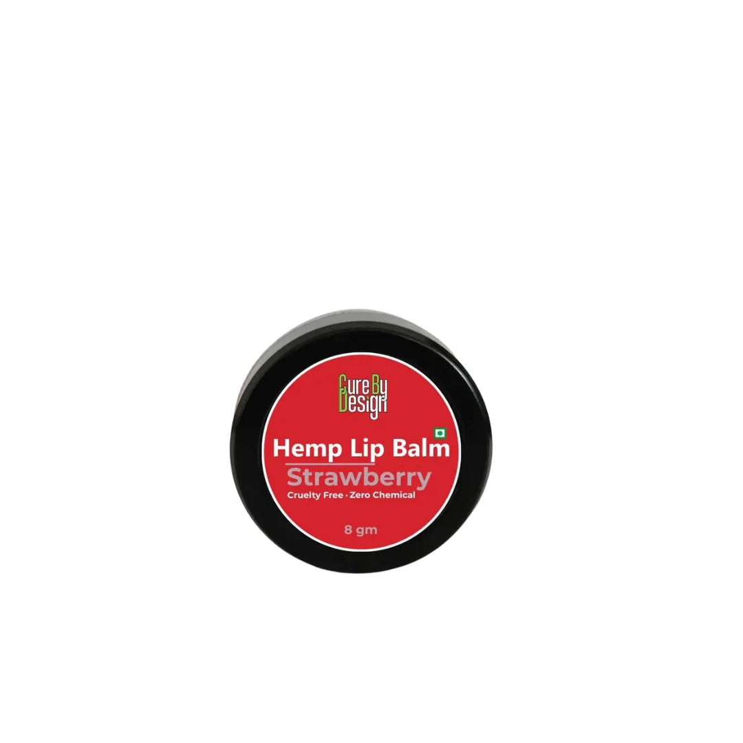 Hemp lip balm container with red label on a white background