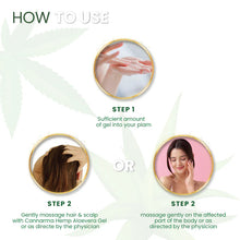 Load image into Gallery viewer, Instructional graphic: How to Use Hemp Aloevera Gel. Step 1: Squeeze gel into palm. Step 2: Massage into hair/scalp or affected body part as directed.
