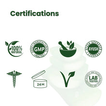 Load image into Gallery viewer, Certifications: 100% Natural, GMP, AYUSH, 24 Month Shelf Life, Lab Tested, and caduceus symbol, ensuring quality and safety for Ayurvedic skincare products.
