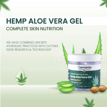 Load image into Gallery viewer, Jar of Cannarma Hemp Aloe Vera Gel with aloe vera leaves and hemp leaf droplet in the background.
