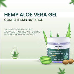 Jar of Cannarma Hemp Aloe Vera Gel with aloe vera leaves and hemp leaf droplet in the background.