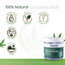 Load image into Gallery viewer, Promotional image for Cannarma Hemp Aloe Vera Gel with five icons indicating its natural and vegan ingredients, and cruelty-free status.
