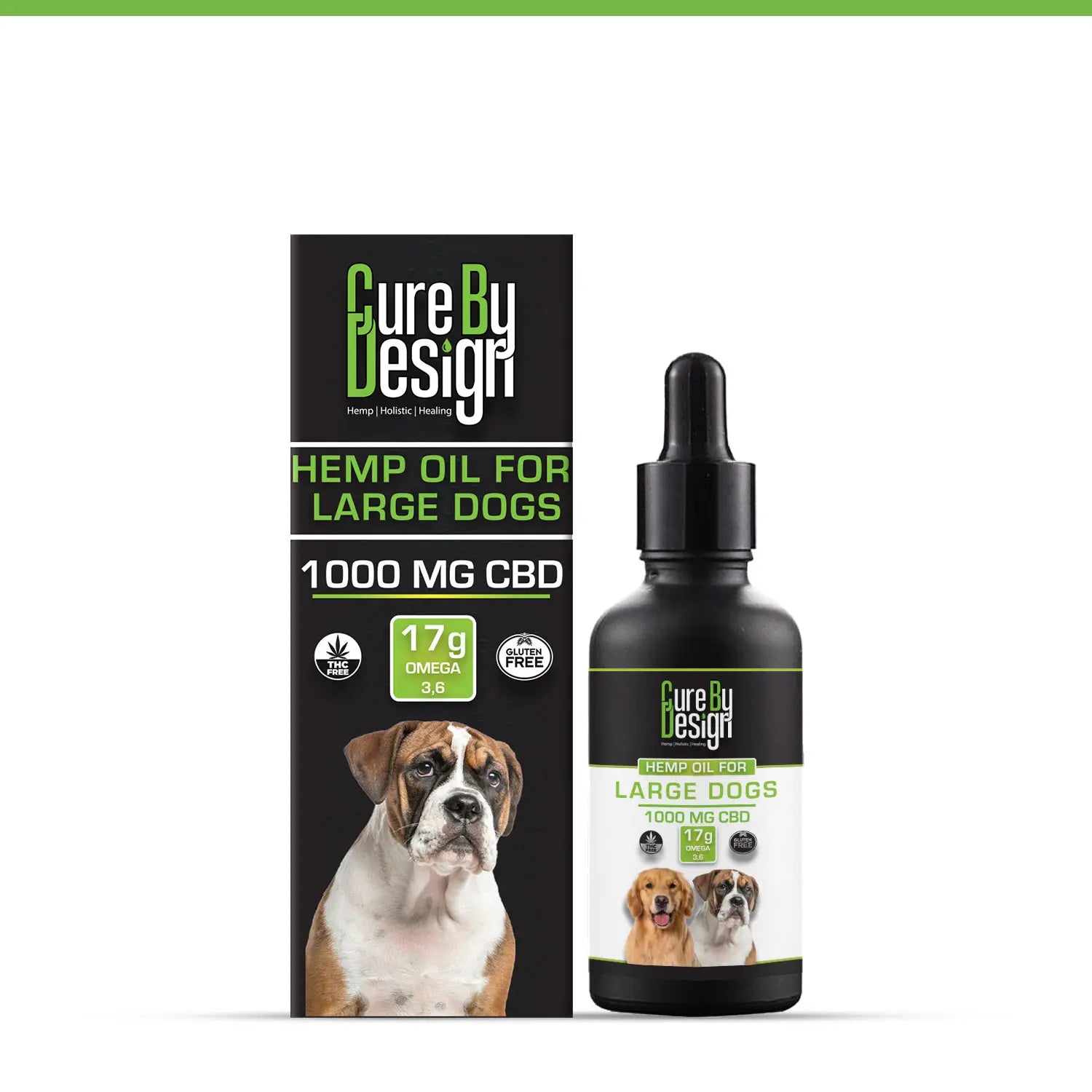 Cure By Design hemp oil for large dogs packaging and bottle on a white background