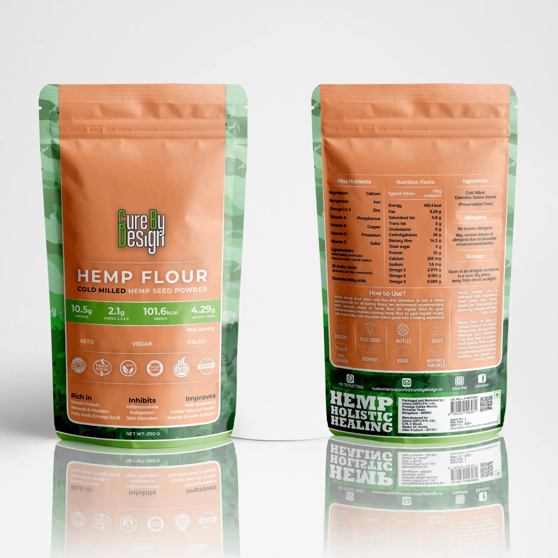 Hemp flour package with front and back views on a white background