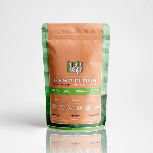 Package of Purely Refined Hemp Flour on a white background