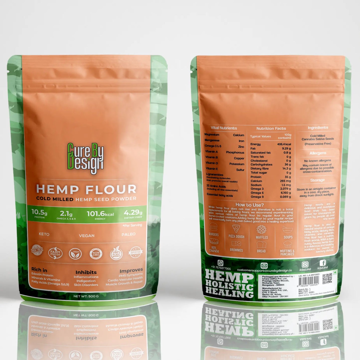 Two packages of Hemp Flour with labels on a reflective surface