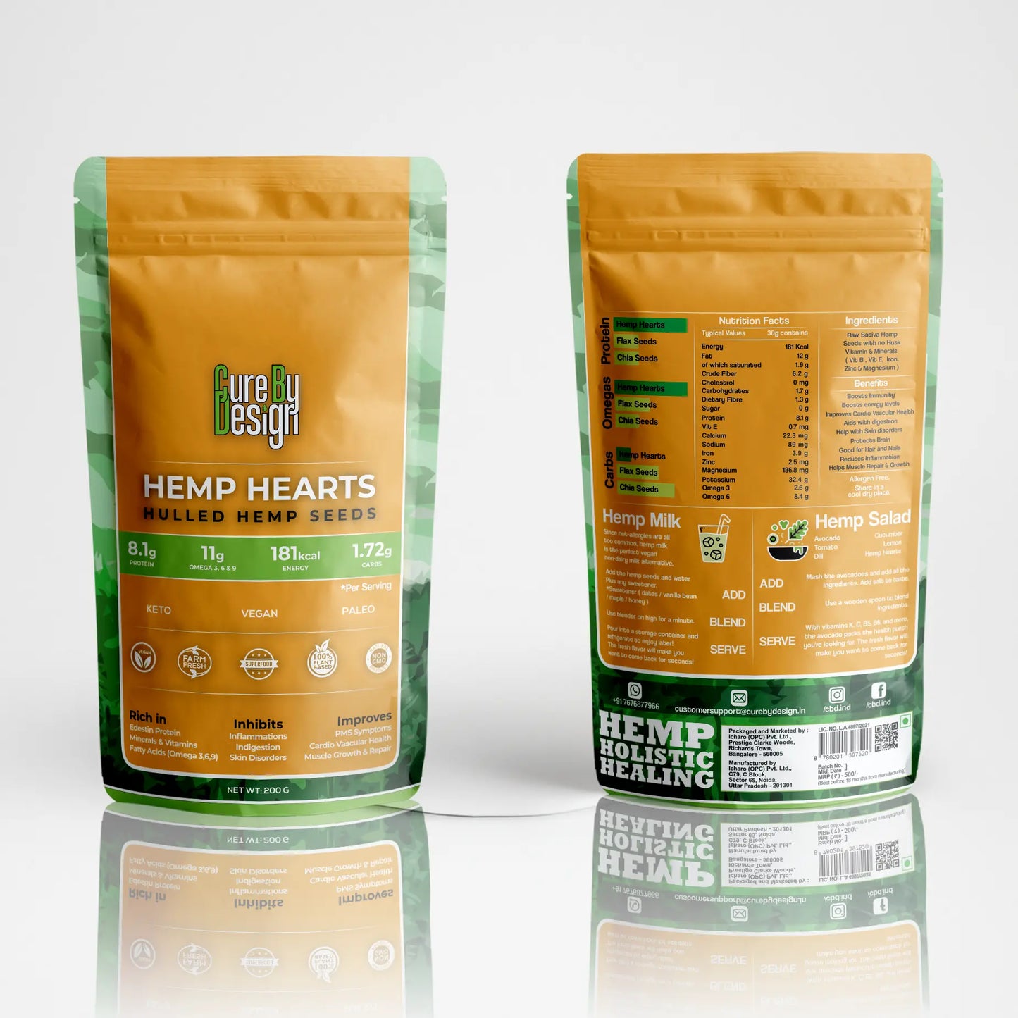 Two packages of Hemp Hearts on a white background
