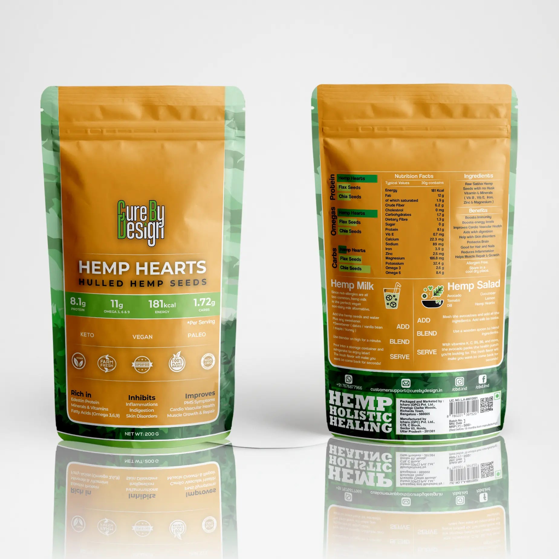 Two packages of Hemp Hearts on a white background